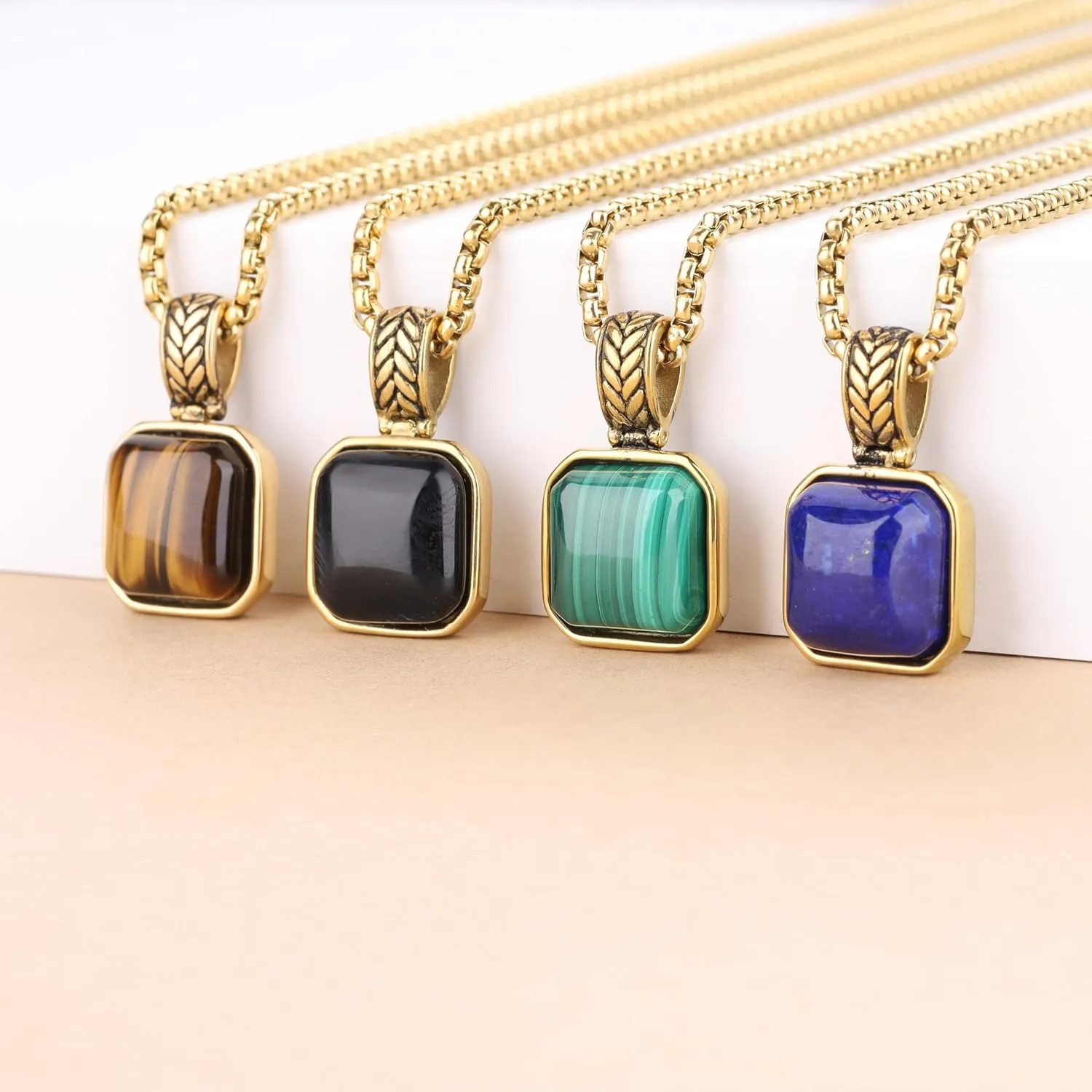 COAI Men's Stainless Steel Necklace, Crystal Necklace for Men, Tiger Eye/Malachite/Lapis Lazuli/Black Obsidian 20"/22"/24"