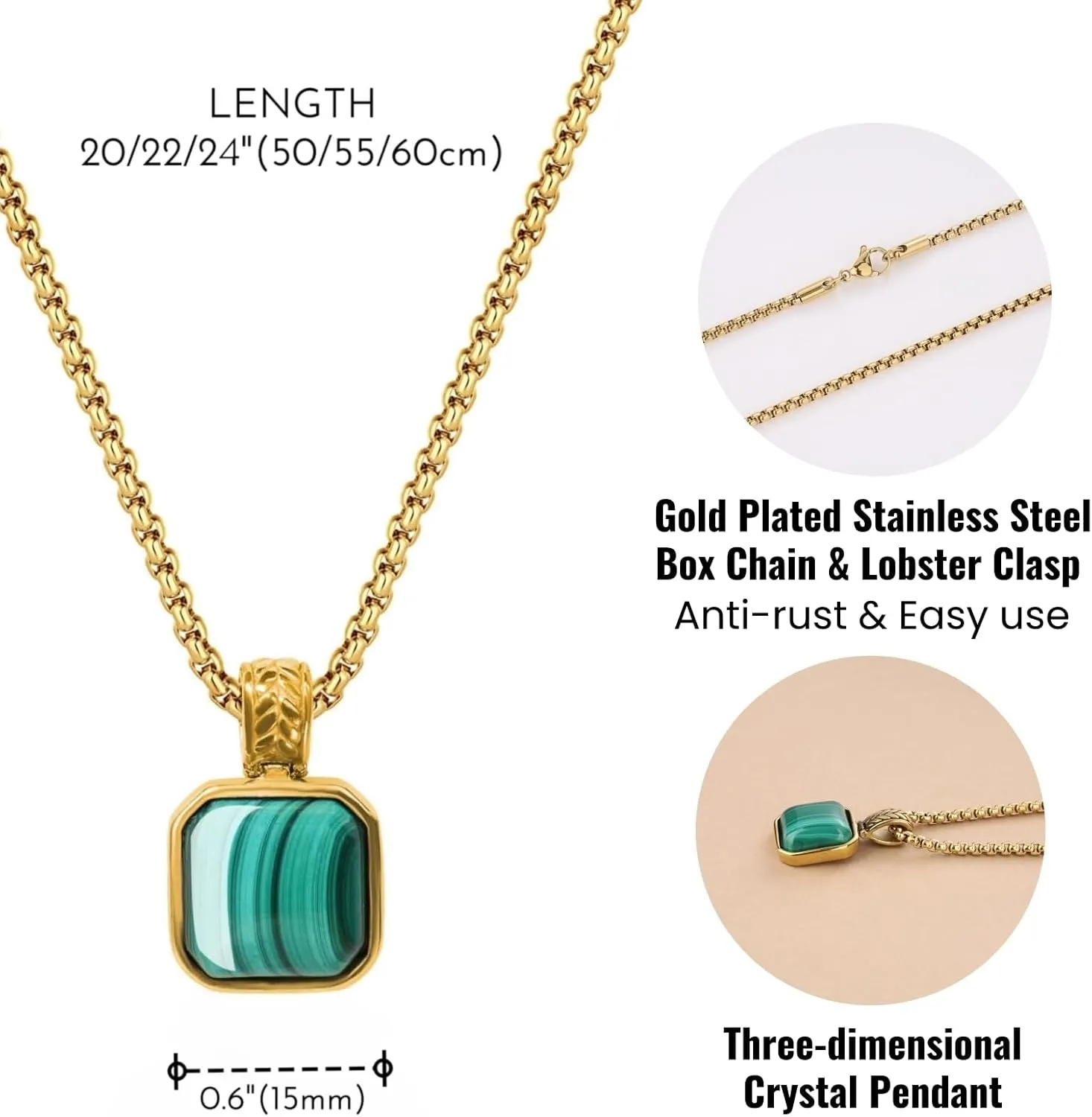 COAI Men's Stainless Steel Necklace, Crystal Necklace for Men, Tiger Eye/Malachite/Lapis Lazuli/Black Obsidian 20"/22"/24"