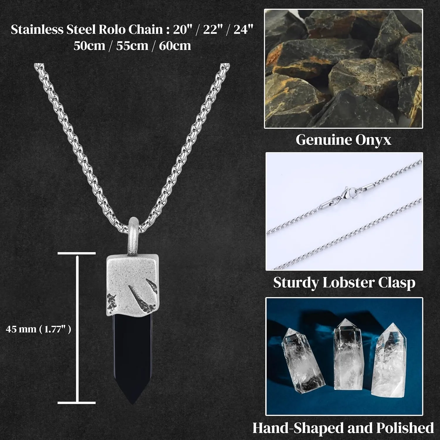 COAI Stainless Steel Chain Point Crystal Necklace for Men, Tiger Eye/Sodalite/Onyx Necklace 20"/22"/24"