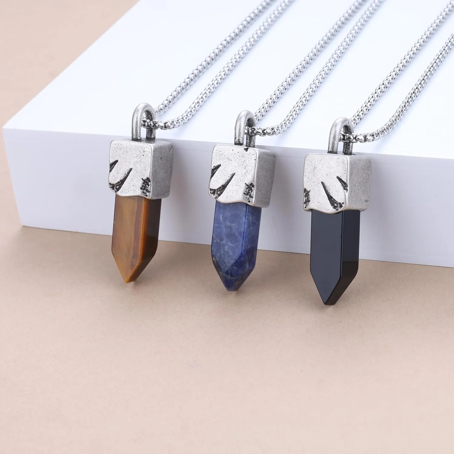 COAI Stainless Steel Chain Point Crystal Necklace for Men, Tiger Eye/Sodalite/Onyx Necklace 20"/22"/24"