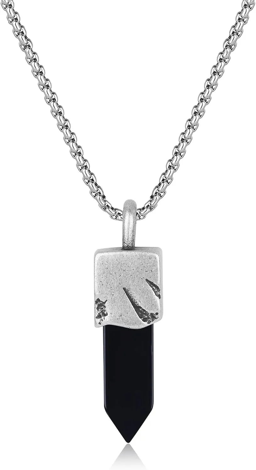 COAI Stainless Steel Chain Point Crystal Necklace for Men, Tiger Eye/Sodalite/Onyx Necklace 20"/22"/24"