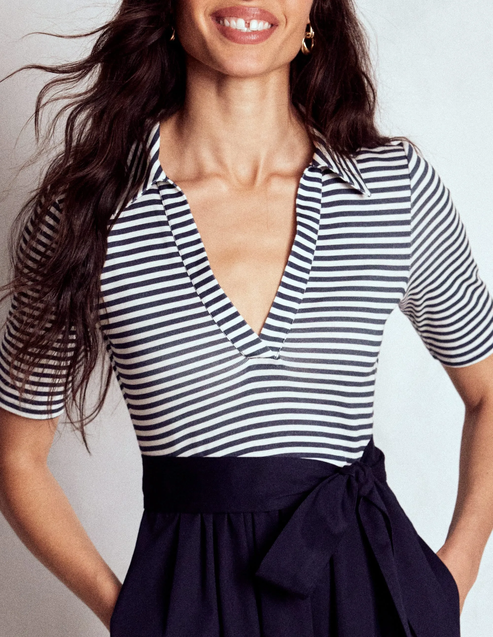 Collar Detail Mix Midi Dress-Navy, Ivory Stripe