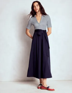 Collar Detail Mix Midi Dress-Navy, Ivory Stripe