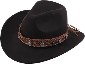 Cowboy Hat for Women Men Western Felt Cowboy Cowgirl Hat Wide Brim Retro Classic Roll Up Fedora Hats with Belt Buckle