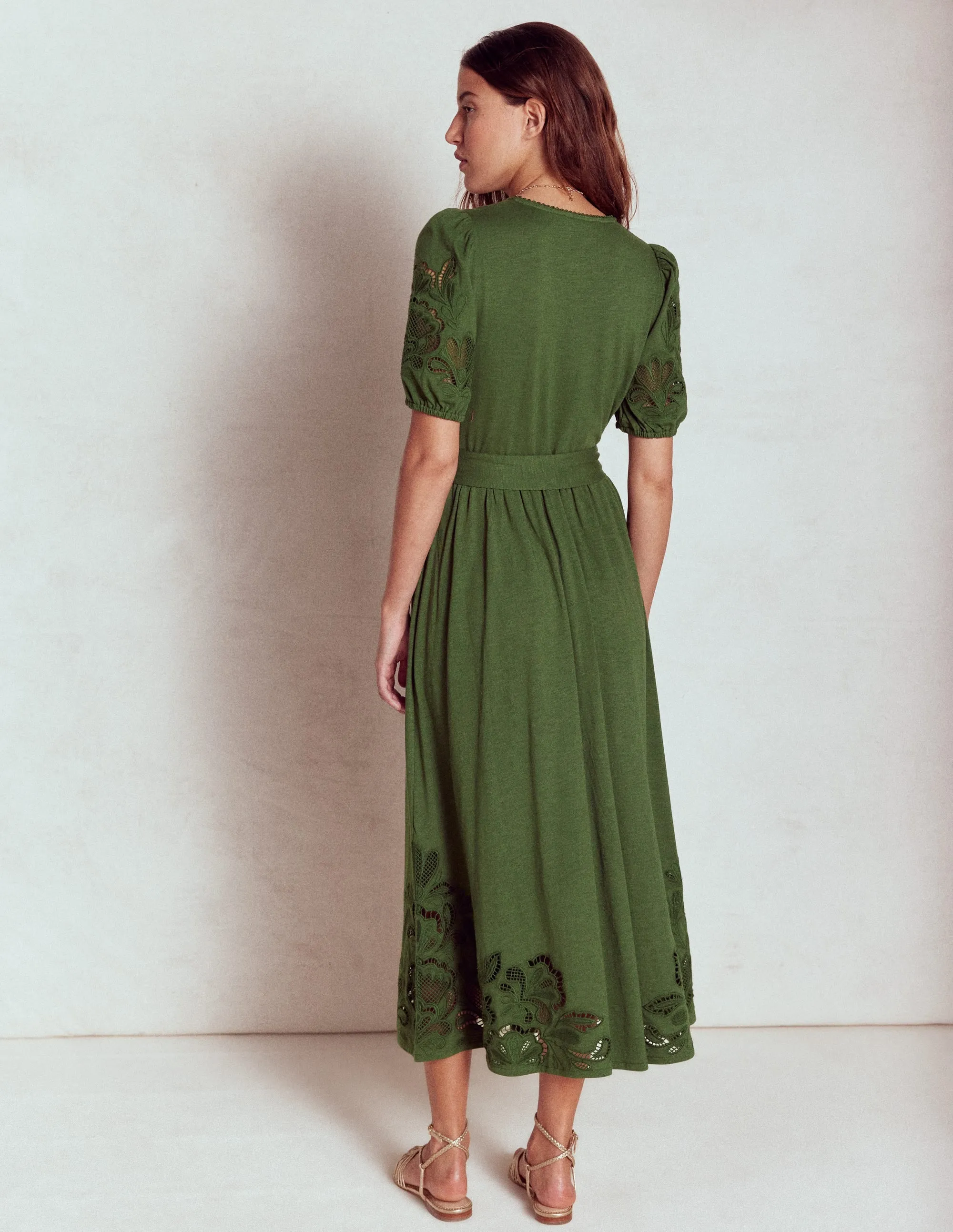 Cutwork Detail Midi Dress-Green Fir