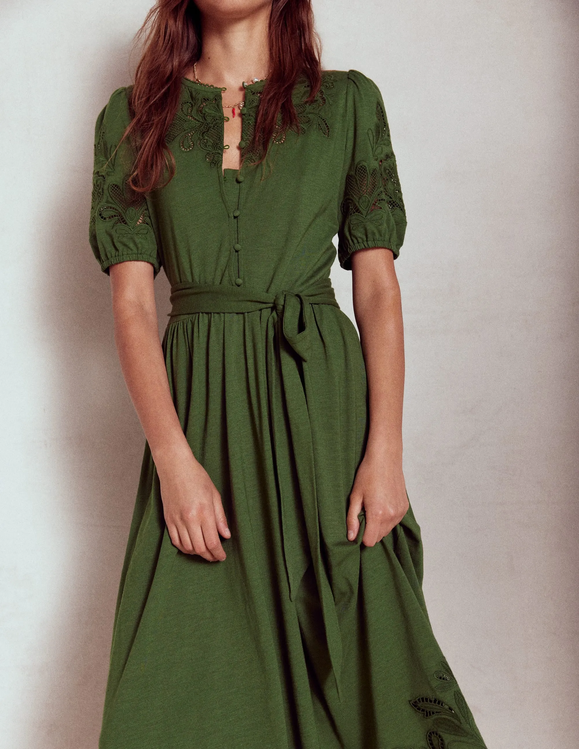 Cutwork Detail Midi Dress-Green Fir
