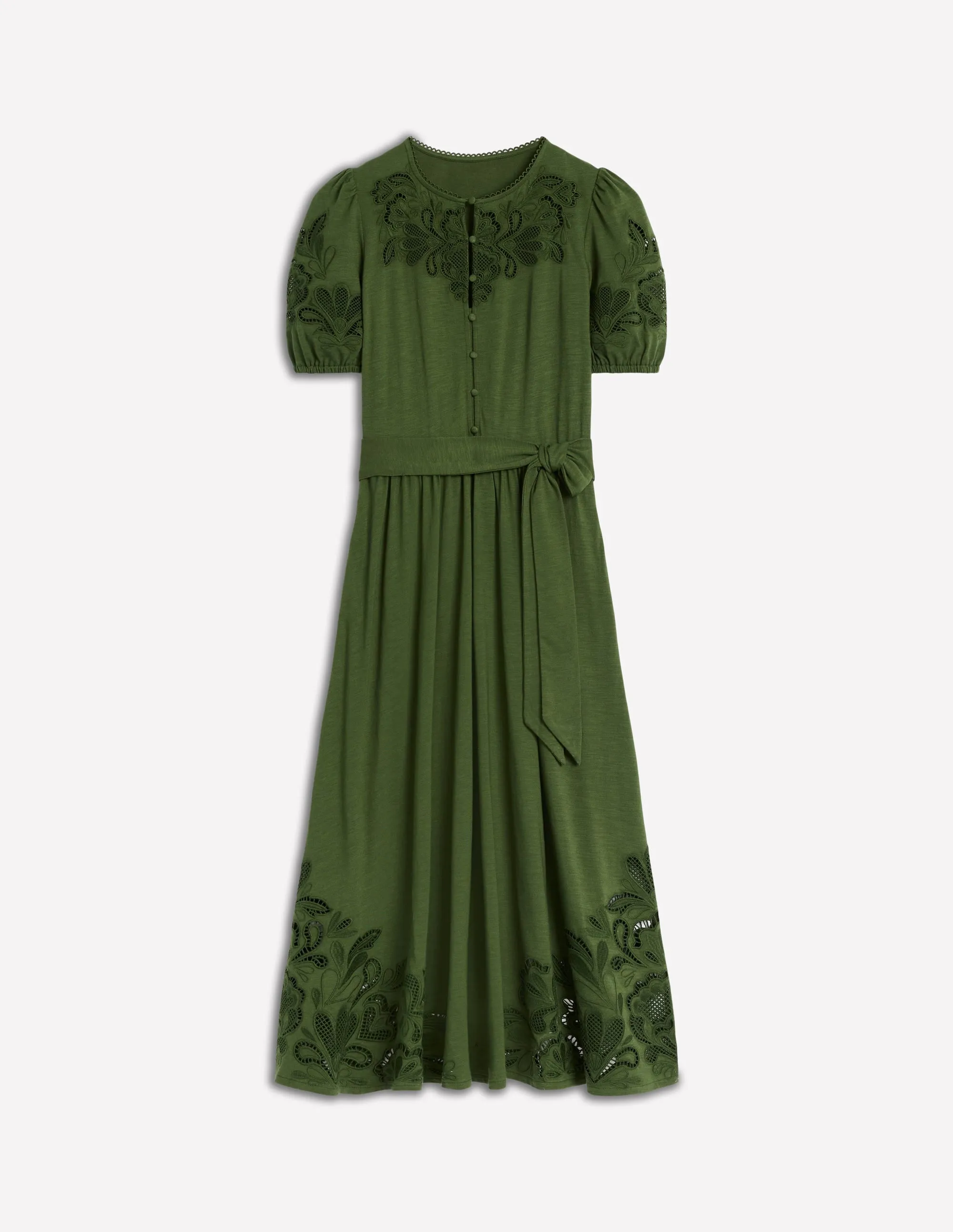 Cutwork Detail Midi Dress-Green Fir