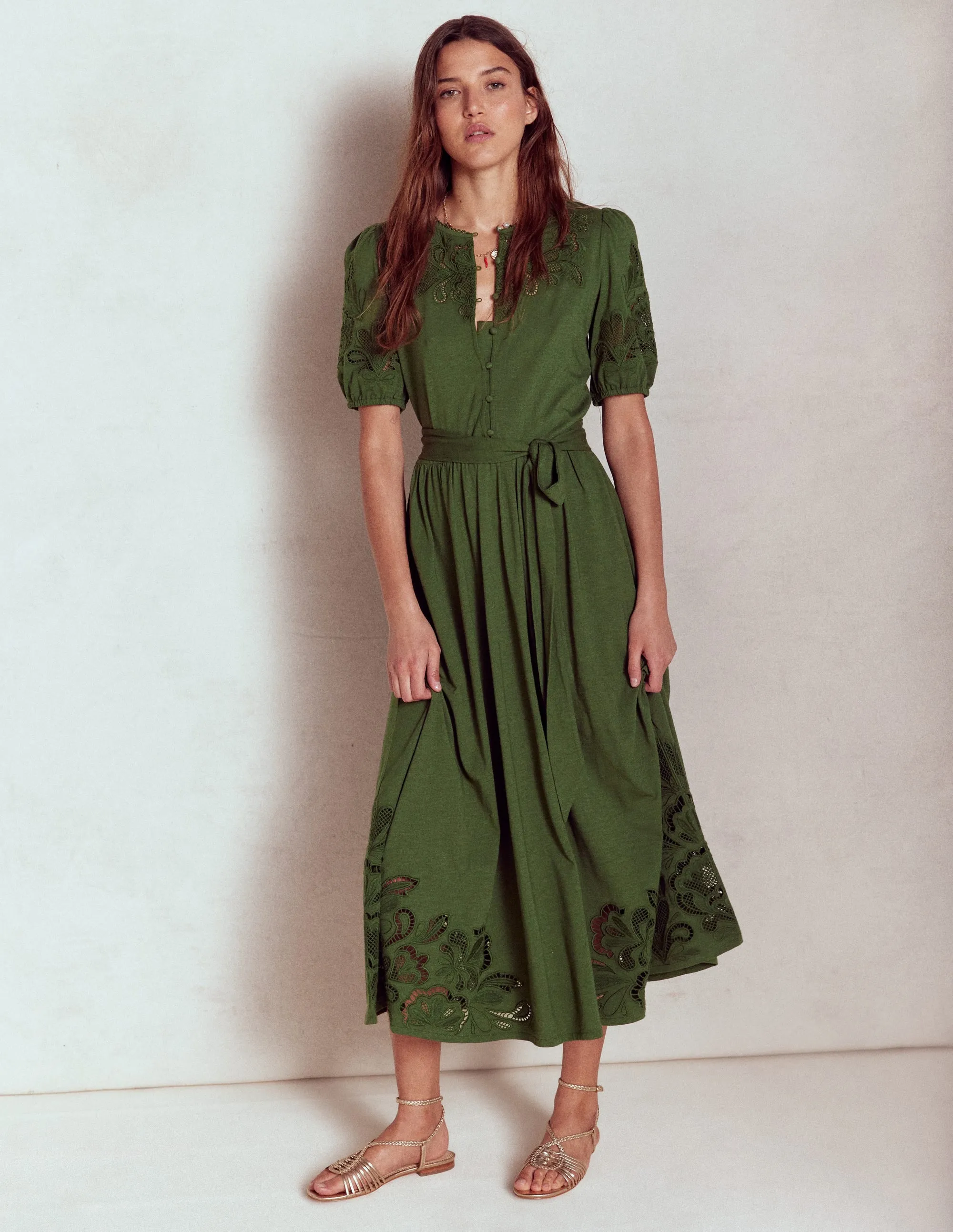 Cutwork Detail Midi Dress-Green Fir