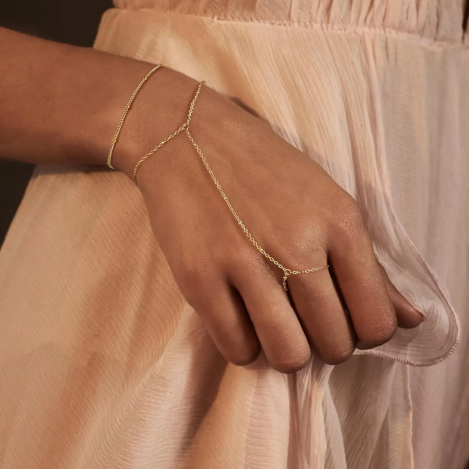 Dainty Hand Ring Chain CZ Bracelets for Women - Trendy 14K Gold Plated Adjustable Bead Satellite Hand Link Chain O-Chain Bracelet Non Tarnish Jewelry Gift