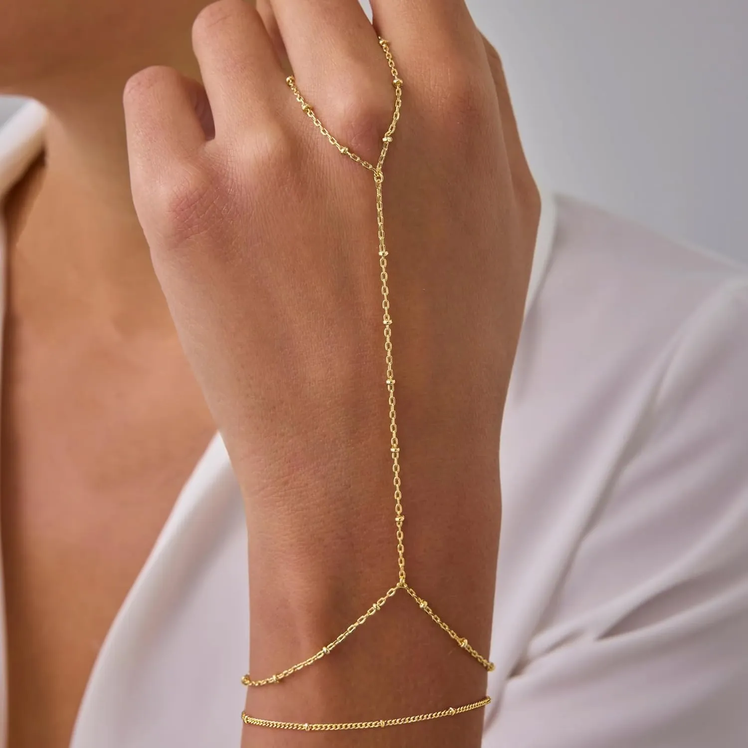Dainty Hand Ring Chain CZ Bracelets for Women - Trendy 14K Gold Plated Adjustable Bead Satellite Hand Link Chain O-Chain Bracelet Non Tarnish Jewelry Gift