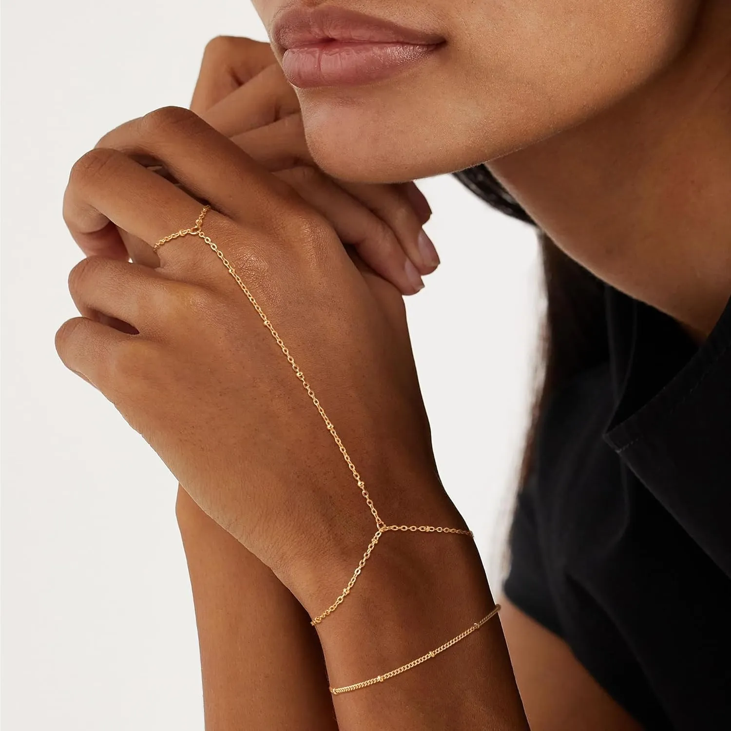 Dainty Hand Ring Chain CZ Bracelets for Women - Trendy 14K Gold Plated Adjustable Bead Satellite Hand Link Chain O-Chain Bracelet Non Tarnish Jewelry Gift
