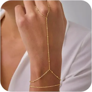Dainty Hand Ring Chain CZ Bracelets for Women - Trendy 14K Gold Plated Adjustable Bead Satellite Hand Link Chain O-Chain Bracelet Non Tarnish Jewelry Gift