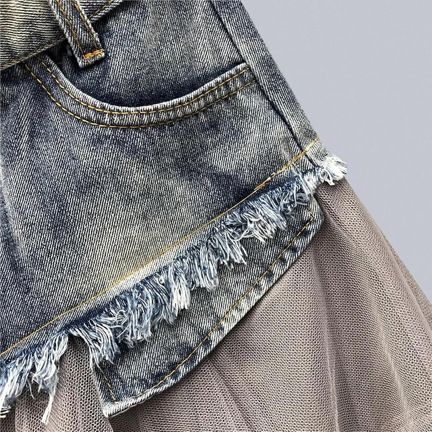 Dawery Women Mesh Patchwork Irregular Tulle Denim Skirt Pleated High Waist A-Line Asymmetric Medium-Length Ballet Skirt Punk