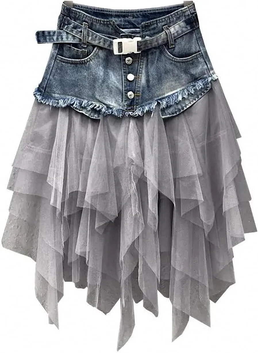 Dawery Women Mesh Patchwork Irregular Tulle Denim Skirt Pleated High Waist A-Line Asymmetric Medium-Length Ballet Skirt Punk