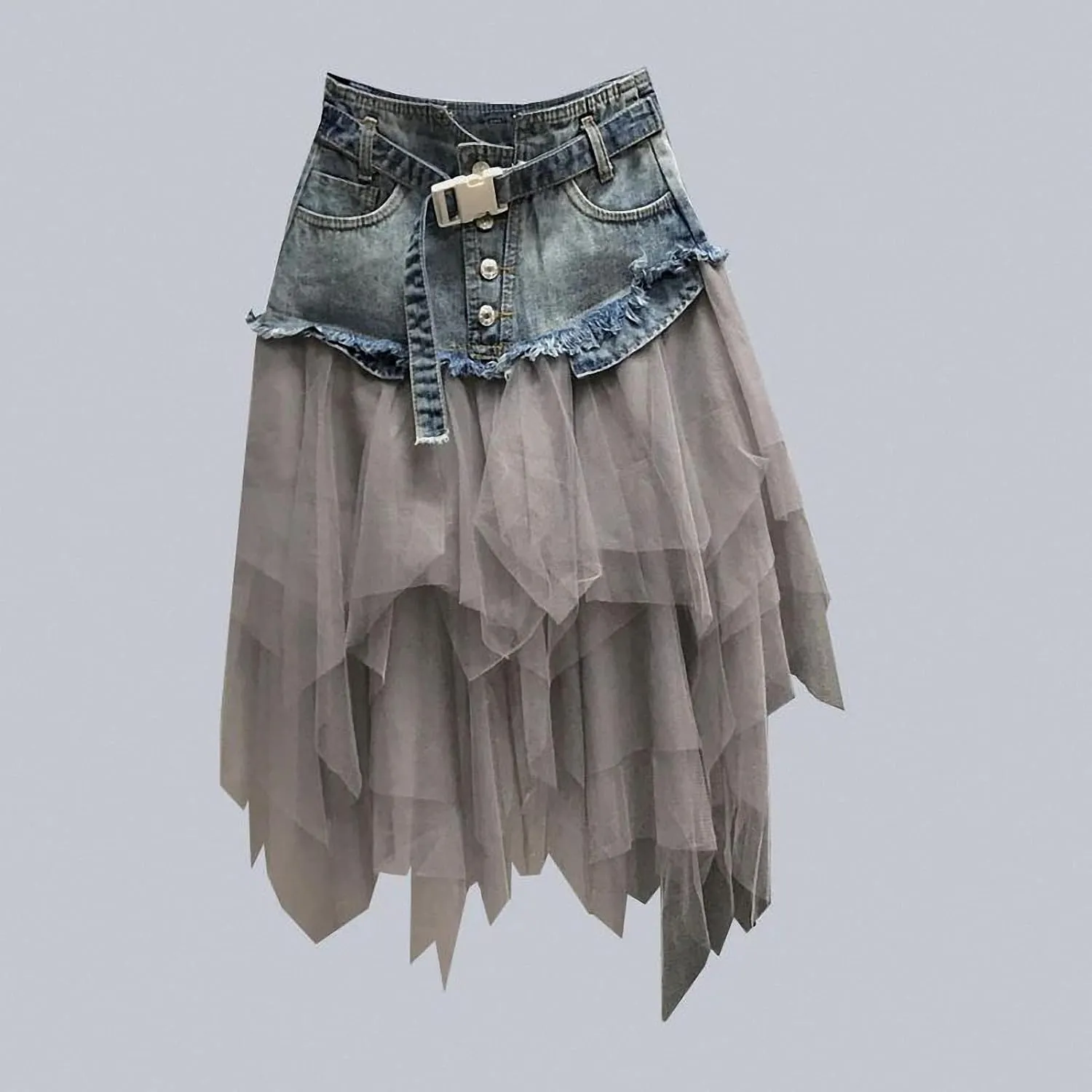 Dawery Women Mesh Patchwork Irregular Tulle Denim Skirt Pleated High Waist A-Line Asymmetric Medium-Length Ballet Skirt Punk