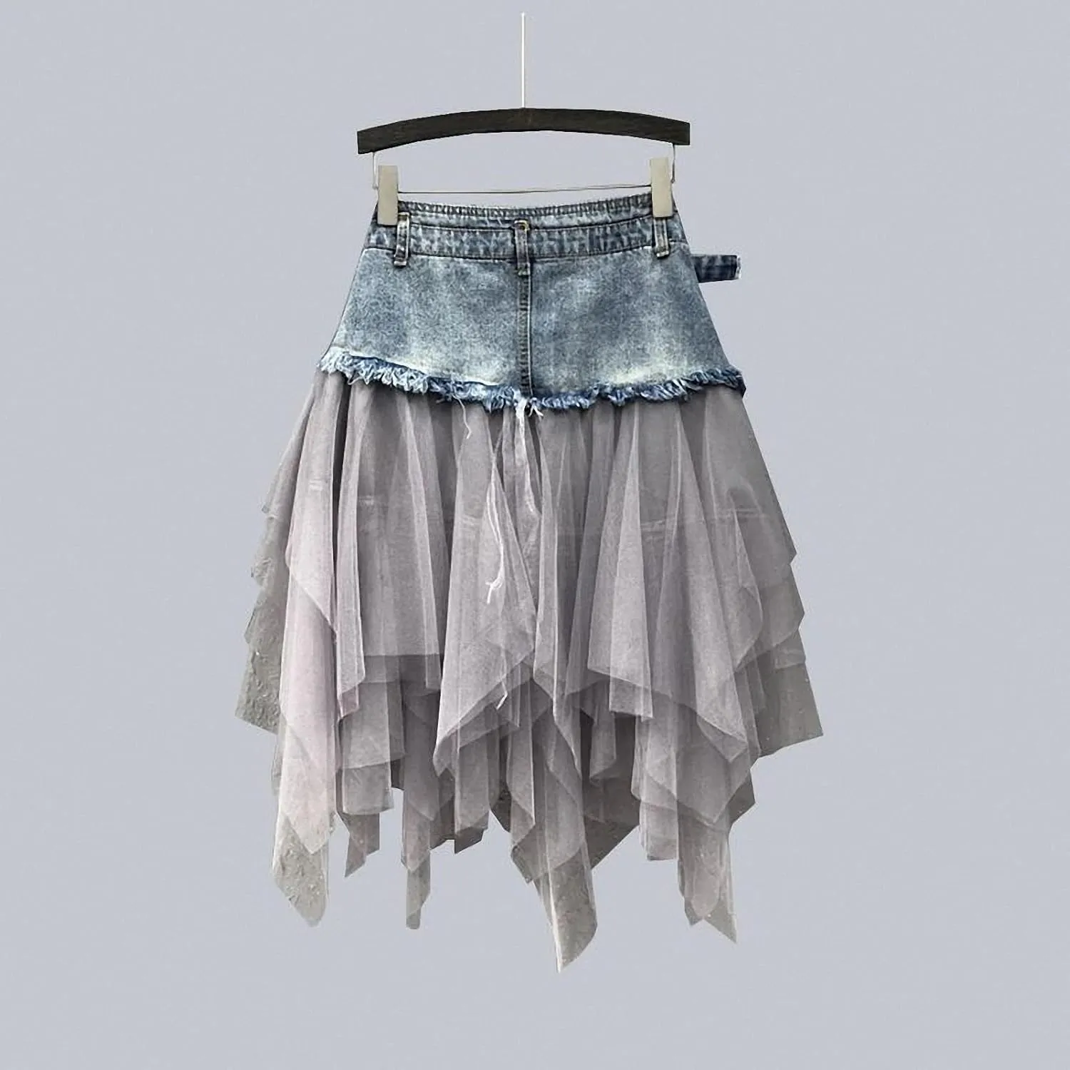 Dawery Women Mesh Patchwork Irregular Tulle Denim Skirt Pleated High Waist A-Line Asymmetric Medium-Length Ballet Skirt Punk
