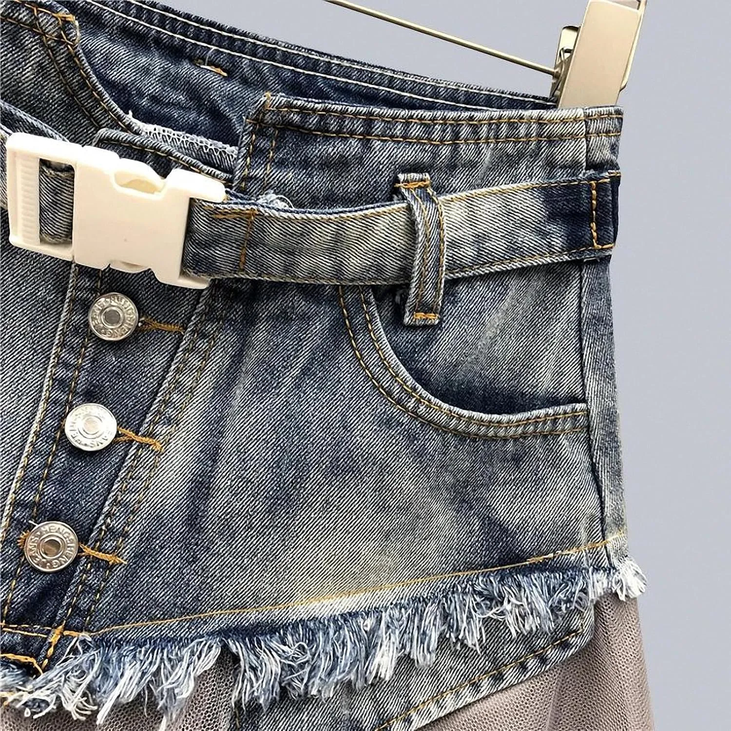 Dawery Women Mesh Patchwork Irregular Tulle Denim Skirt Pleated High Waist A-Line Asymmetric Medium-Length Ballet Skirt Punk