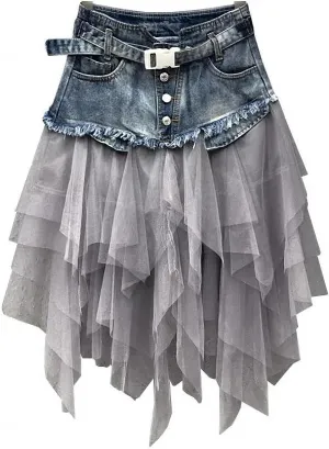 Dawery Women Mesh Patchwork Irregular Tulle Denim Skirt Pleated High Waist A-Line Asymmetric Medium-Length Ballet Skirt Punk