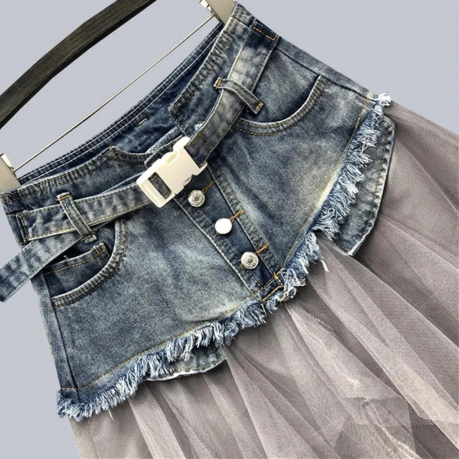 Dawery Women Mesh Patchwork Irregular Tulle Denim Skirt Pleated High Waist A-Line Asymmetric Medium-Length Ballet Skirt Punk