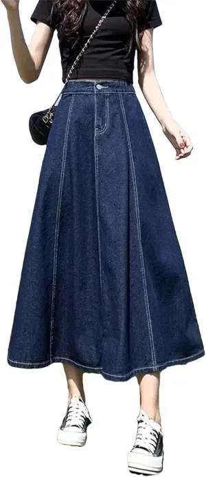 Dcvmvmn Denim Skirt for Women's High-Waisted Pleated A- Line Umbrella Skirt Medium-Length Slimming Long Half Dress