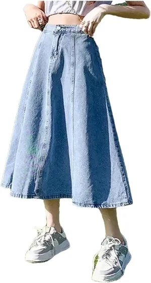 Dcvmvmn Women's Denim Skirt High-Waisted A- Line Medium-Length Umbrella Skirts Elegant Long Half Dress