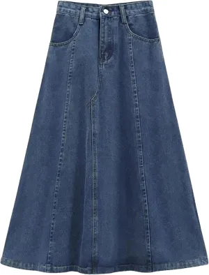 Dcvmvmn Women's Denim Skirt High-Waisted Slimming Medium-Length Plus Size A- Line Washed Jean Umbrella Skirts