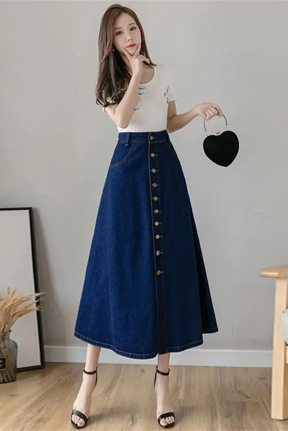 Dcvmvmn Women's Denim Skirt High-Waisted Slimming Single-Breasted Medium-Length A- Line Umbrella Skirts
