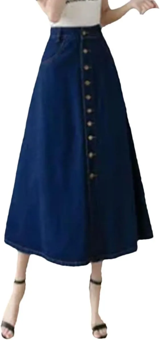 Dcvmvmn Women's Denim Skirt High-Waisted Slimming Single-Breasted Medium-Length A- Line Umbrella Skirts