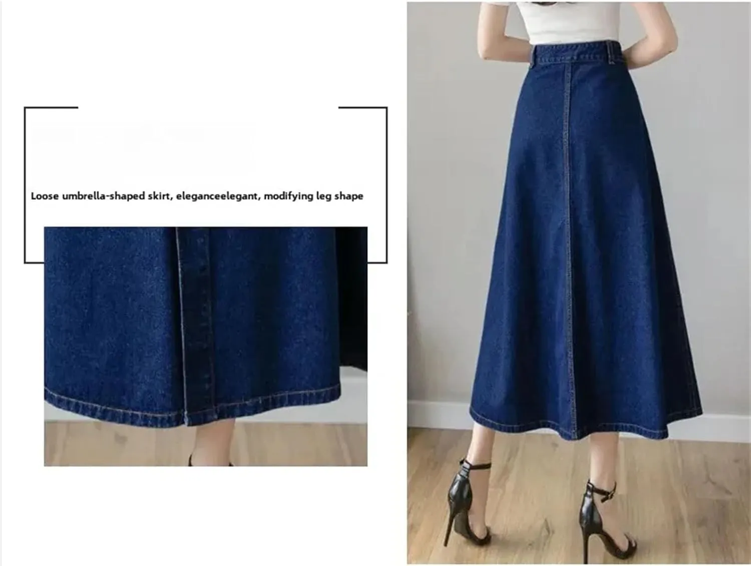 Dcvmvmn Women's Denim Skirt High-Waisted Slimming Single-Breasted Medium-Length A- Line Umbrella Skirts