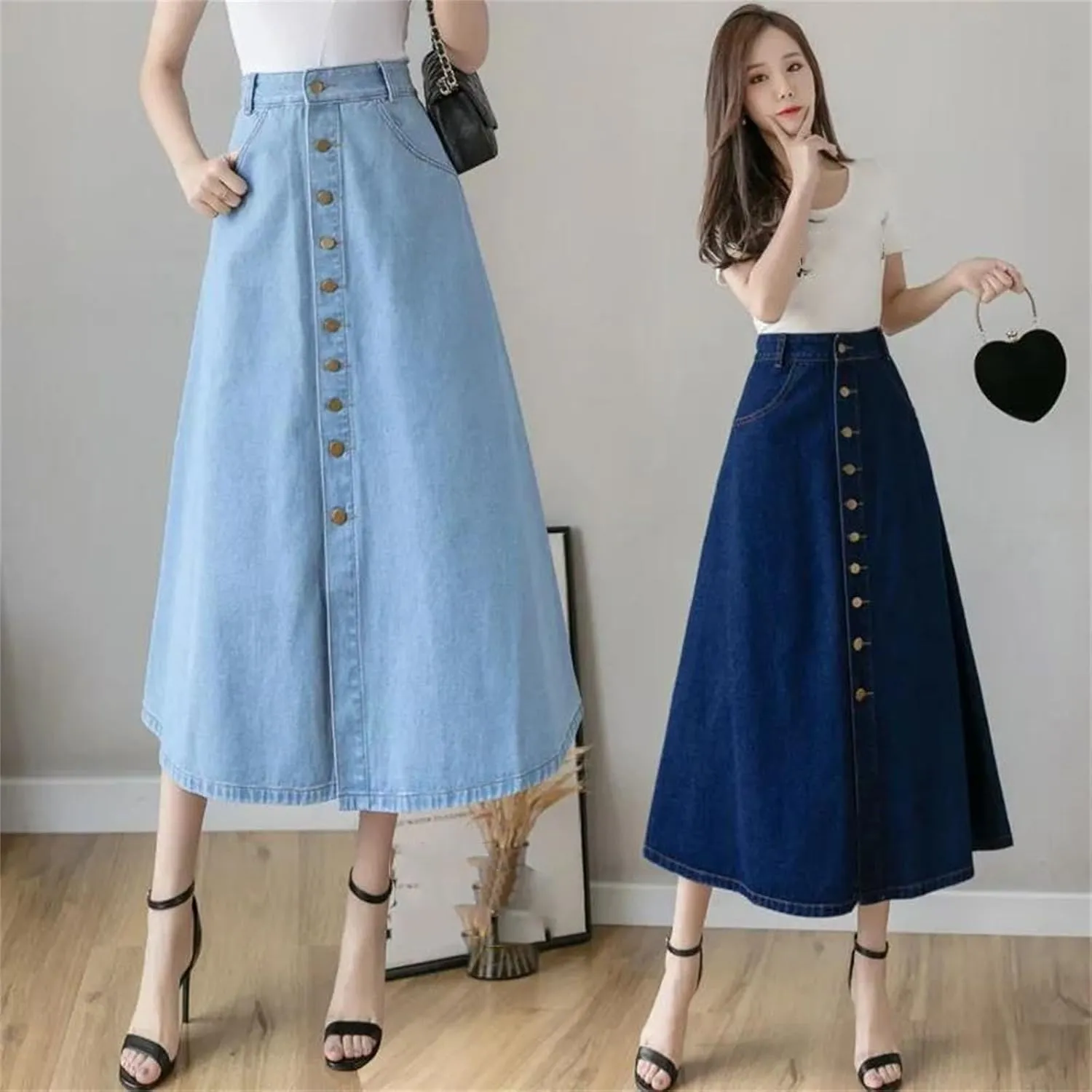 Dcvmvmn Women's Denim Skirt High-Waisted Slimming Single-Breasted Medium-Length A- Line Umbrella Skirts
