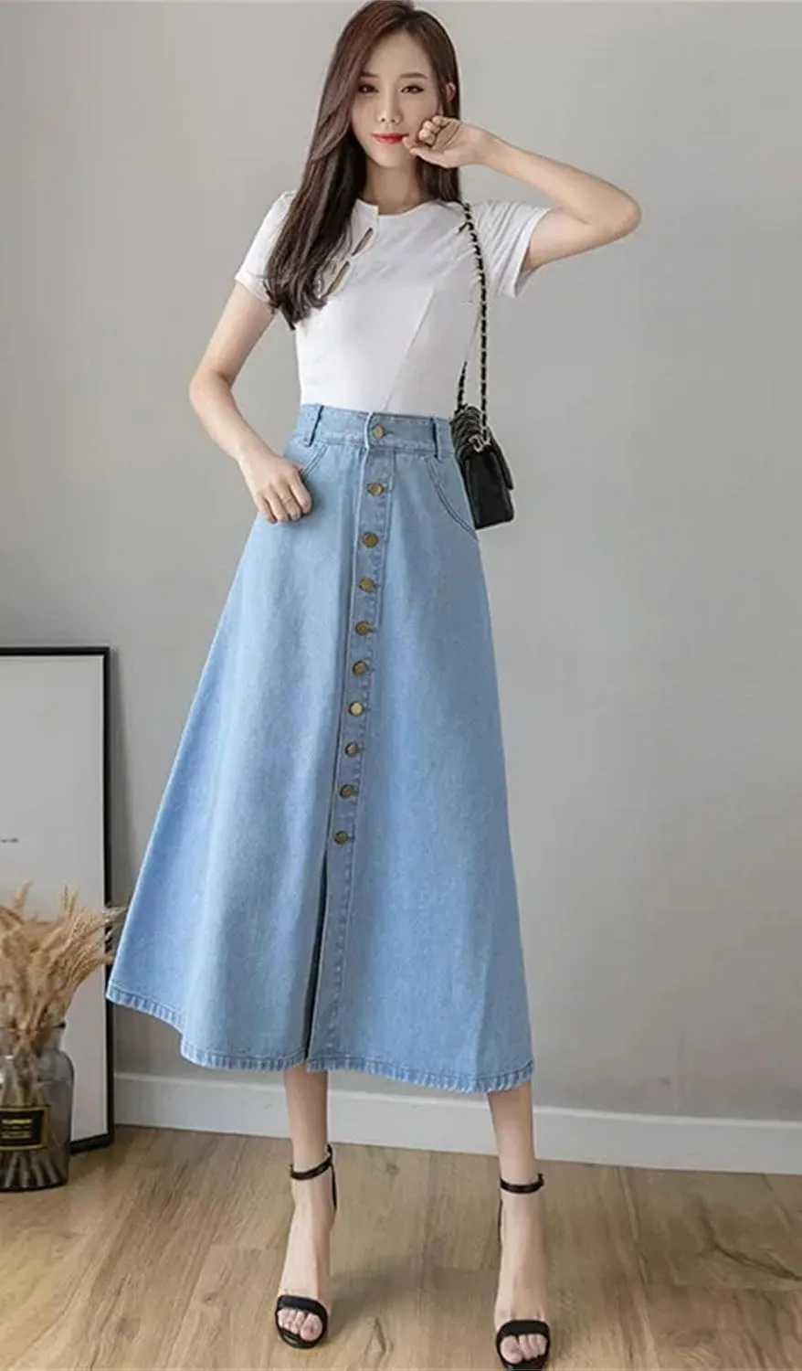Dcvmvmn Women's Denim Skirt High-Waisted Slimming Single-Breasted Medium-Length A- Line Umbrella Skirts