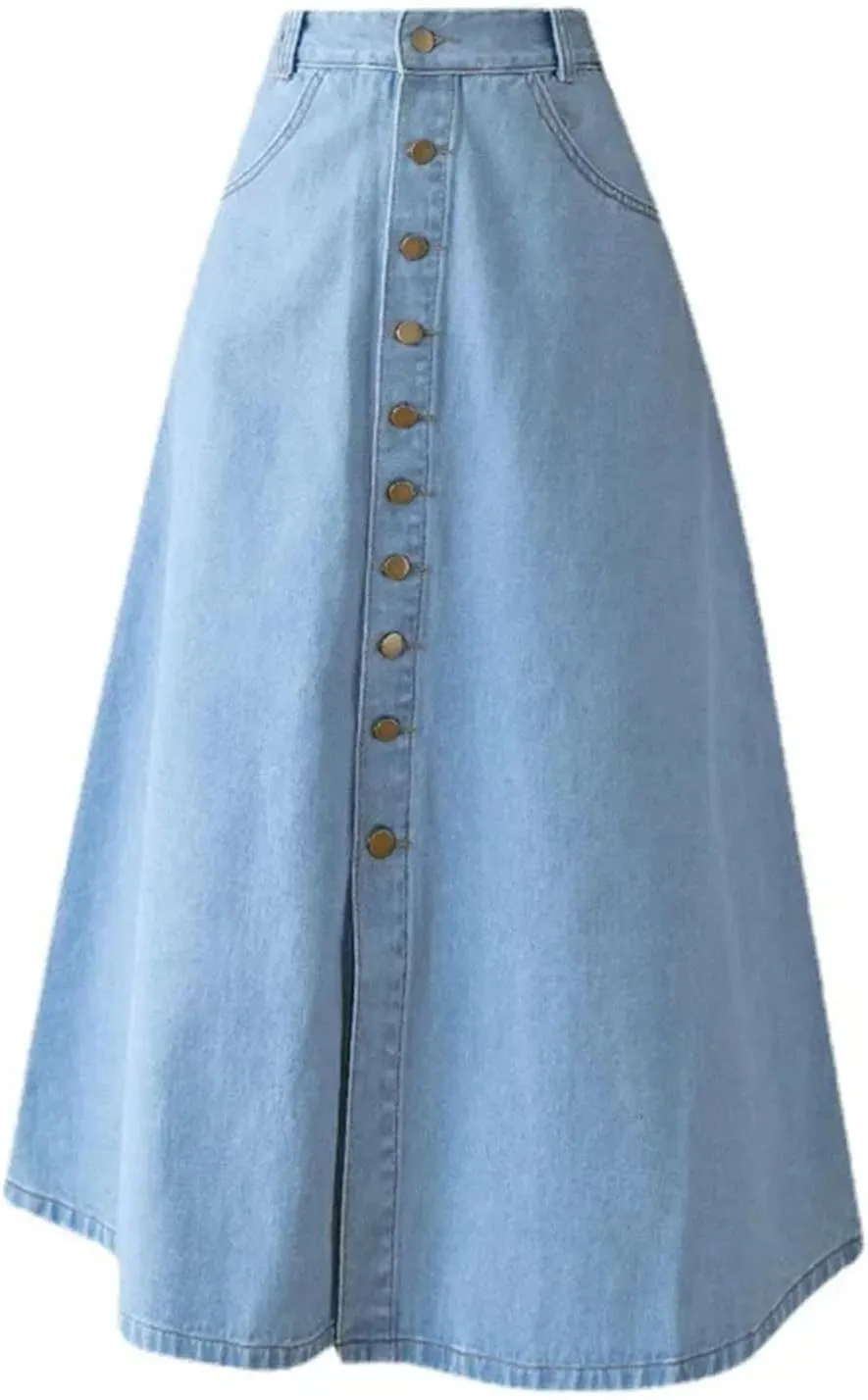 Dcvmvmn Women's Denim Skirt High-Waisted Slimming Single-Breasted Medium-Length A- Line Umbrella Skirts