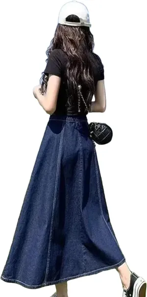 Dcvmvmn Women's Pleated Denim Skirt High-Waisted A- Line Umbrella Skirt Casual Medium-Length Half Dress