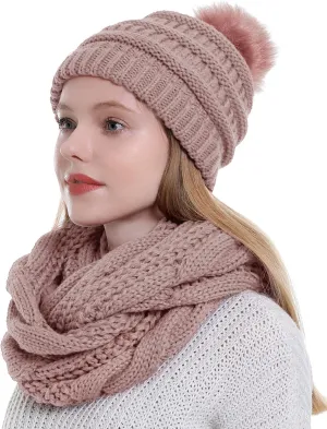 Double Couple Winter Scarf and Hat Set for Women Thick Cable Knitted Circle Loop Infinity Scarfs and Warm Beanie Hat