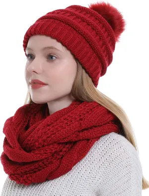 Double Couple Winter Scarf and Hat Set for Women Thick Cable Knitted Circle Loop Infinity Scarfs and Warm Beanie Hat
