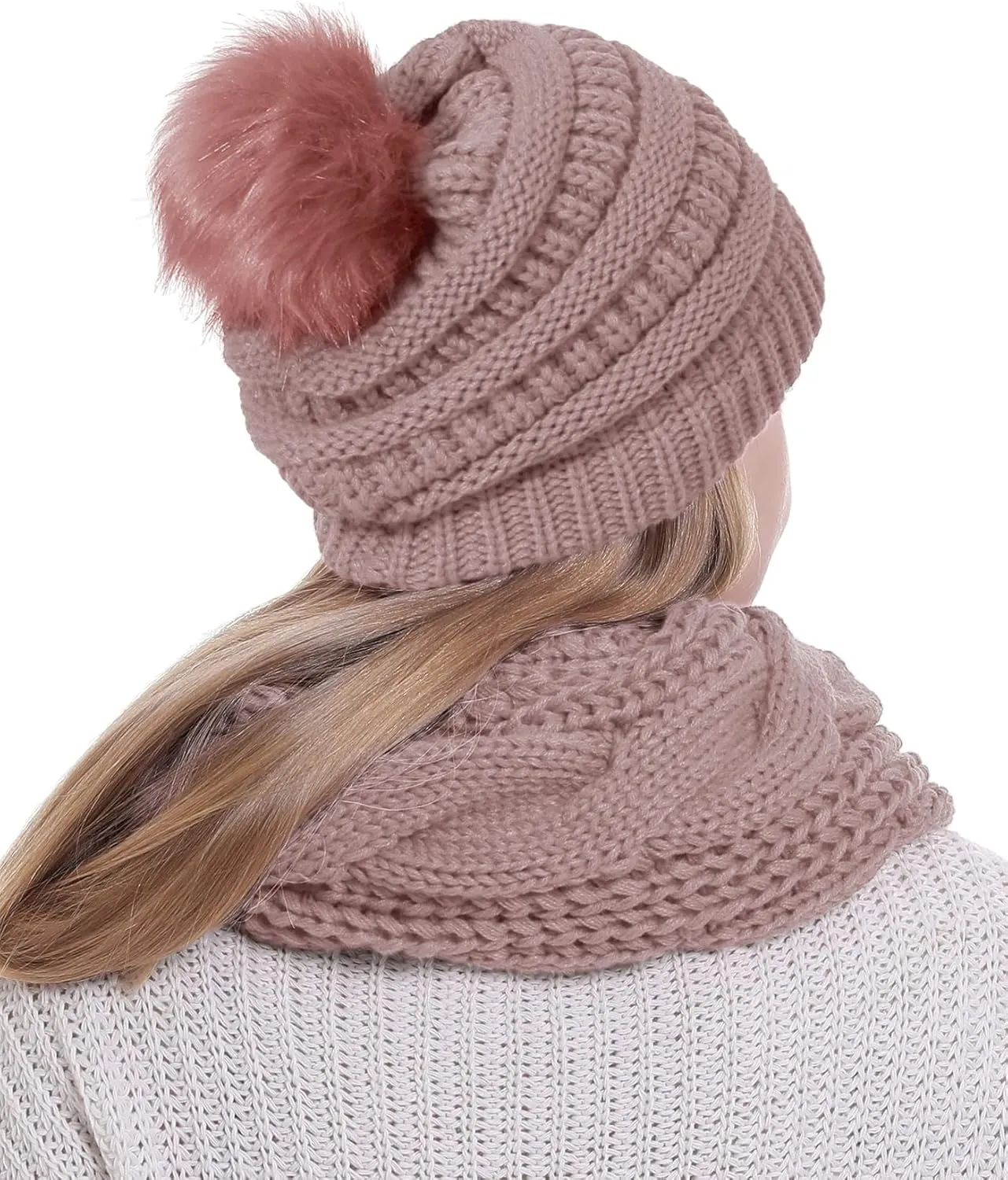 Double Couple Winter Scarf and Hat Set for Women Thick Cable Knitted Circle Loop Infinity Scarfs and Warm Beanie Hat
