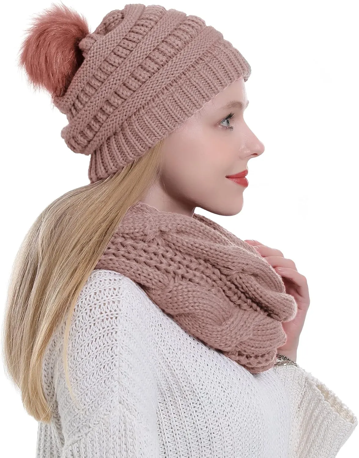 Double Couple Winter Scarf and Hat Set for Women Thick Cable Knitted Circle Loop Infinity Scarfs and Warm Beanie Hat