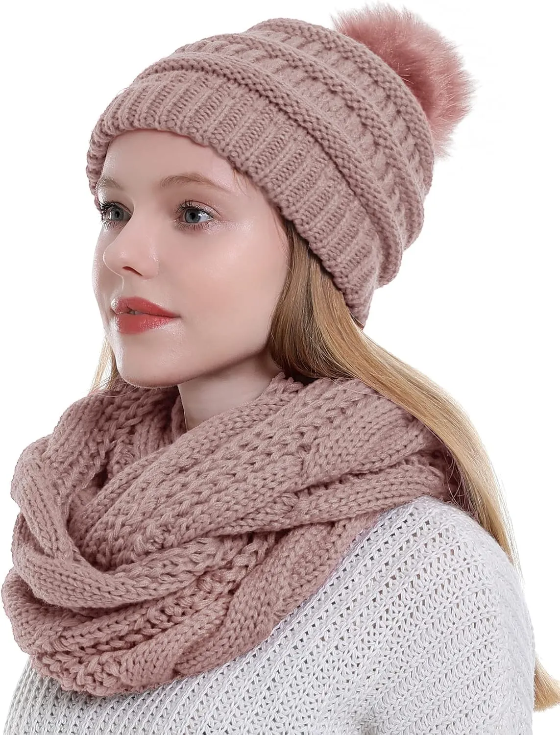 Double Couple Winter Scarf and Hat Set for Women Thick Cable Knitted Circle Loop Infinity Scarfs and Warm Beanie Hat