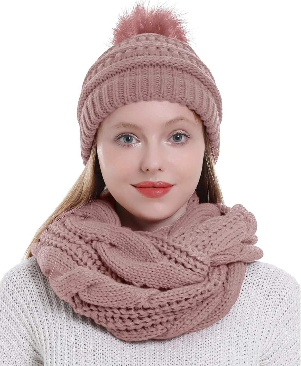 Double Couple Winter Scarf and Hat Set for Women Thick Cable Knitted Circle Loop Infinity Scarfs and Warm Beanie Hat