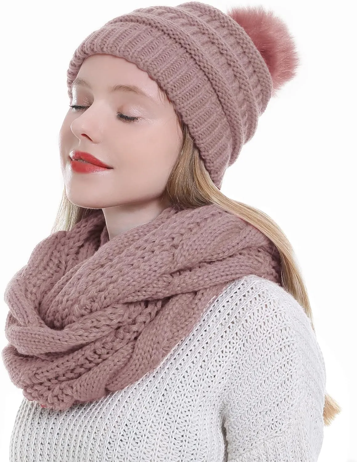 Double Couple Winter Scarf and Hat Set for Women Thick Cable Knitted Circle Loop Infinity Scarfs and Warm Beanie Hat