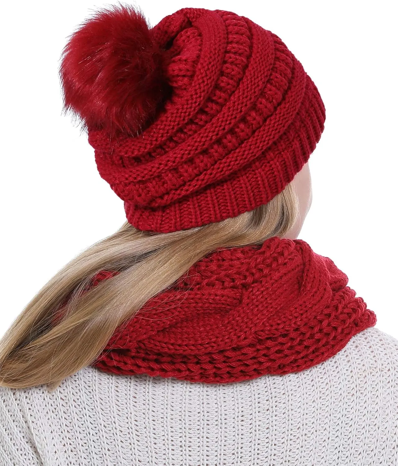 Double Couple Winter Scarf and Hat Set for Women Thick Cable Knitted Circle Loop Infinity Scarfs and Warm Beanie Hat