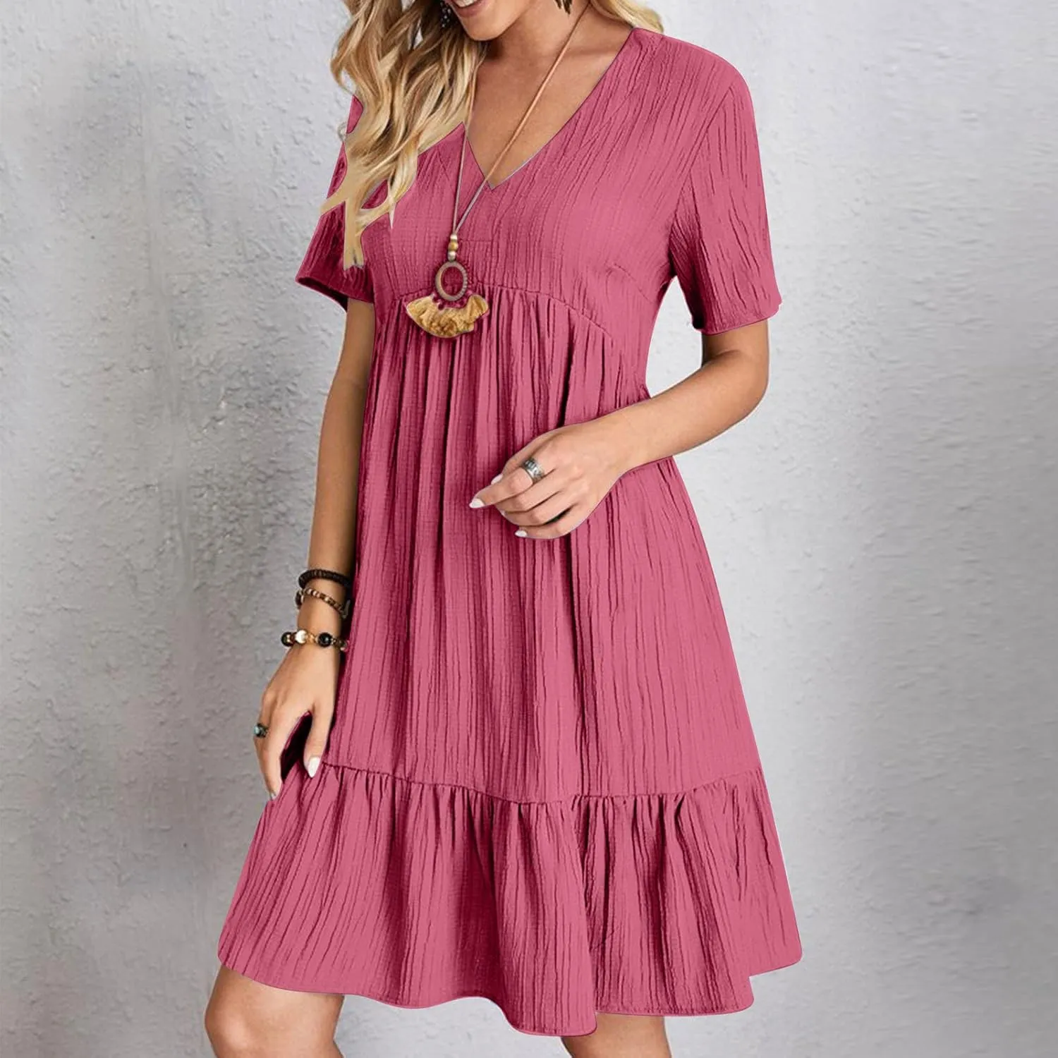Dresses Women Summer 2025 Vacation Short Sleeve Mini Tshirt Dress Beach Smocked A Line Flutter Boho Sundress Outfit