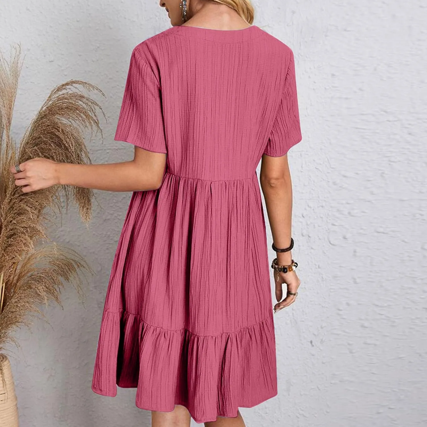 Dresses Women Summer 2025 Vacation Short Sleeve Mini Tshirt Dress Beach Smocked A Line Flutter Boho Sundress Outfit