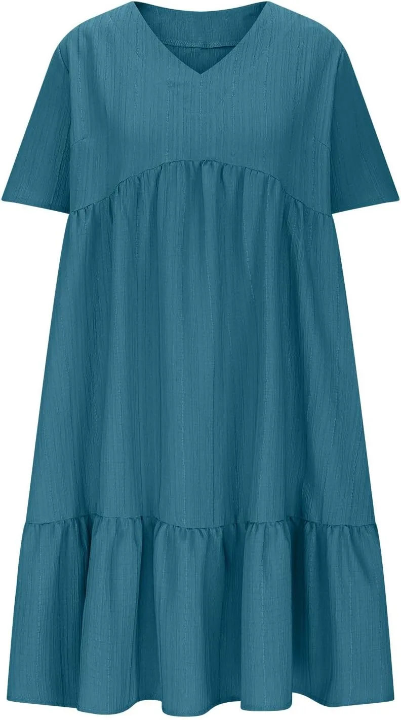 Dresses Women Summer 2025 Vacation Short Sleeve Mini Tshirt Dress Beach Smocked A Line Flutter Boho Sundress Outfit