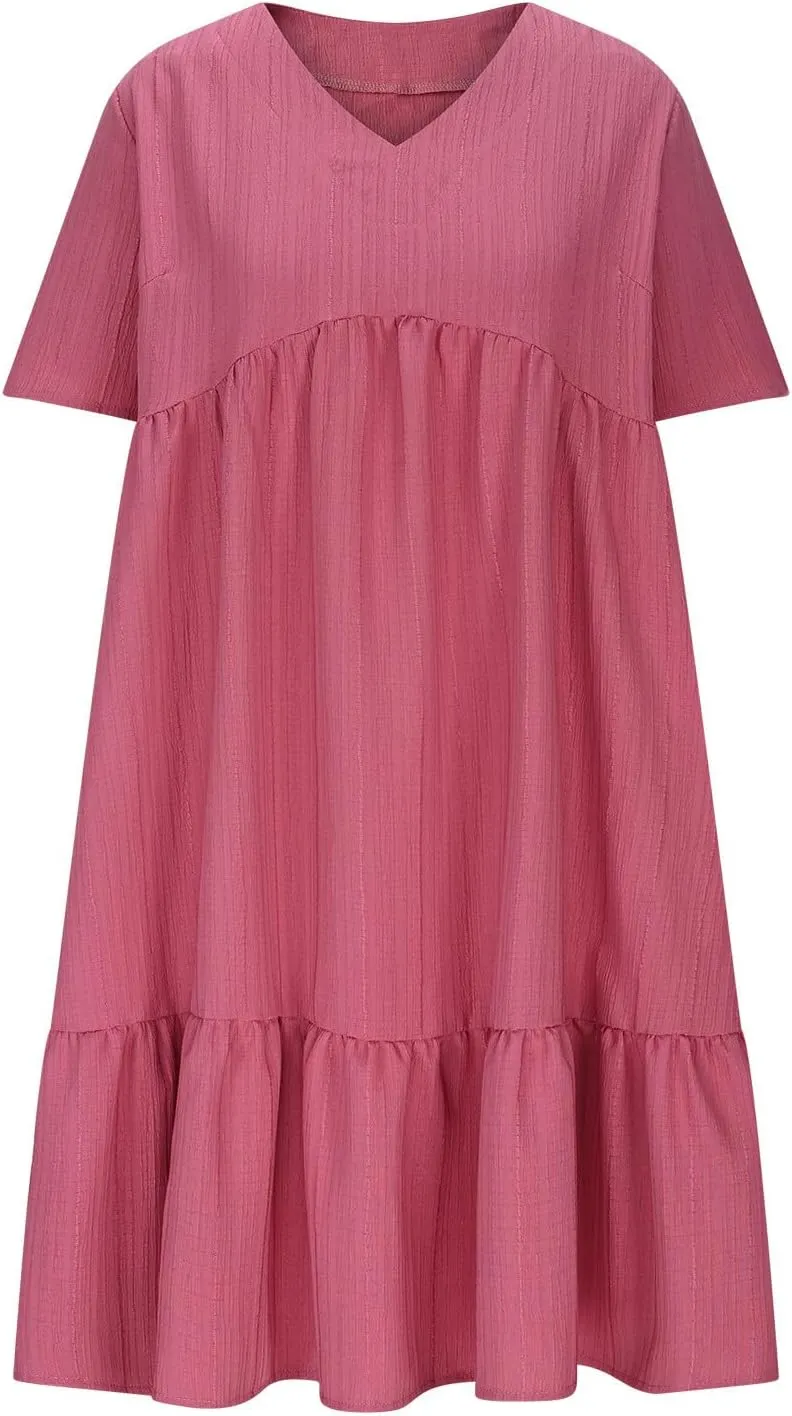Dresses Women Summer 2025 Vacation Short Sleeve Mini Tshirt Dress Beach Smocked A Line Flutter Boho Sundress Outfit