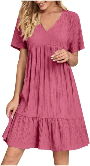 Dresses Women Summer 2025 Vacation Short Sleeve Mini Tshirt Dress Beach Smocked A Line Flutter Boho Sundress Outfit