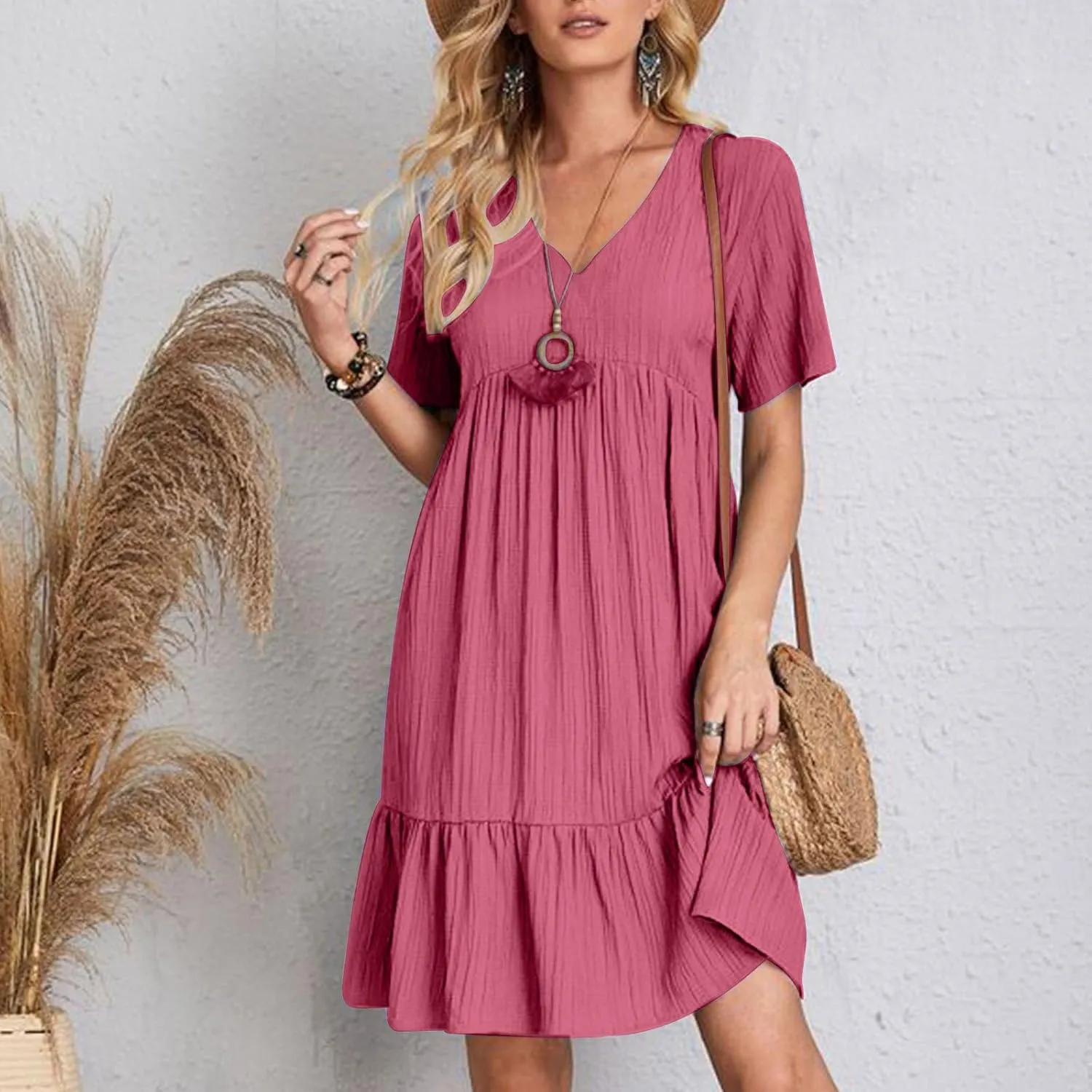 Dresses Women Summer 2025 Vacation Short Sleeve Mini Tshirt Dress Beach Smocked A Line Flutter Boho Sundress Outfit