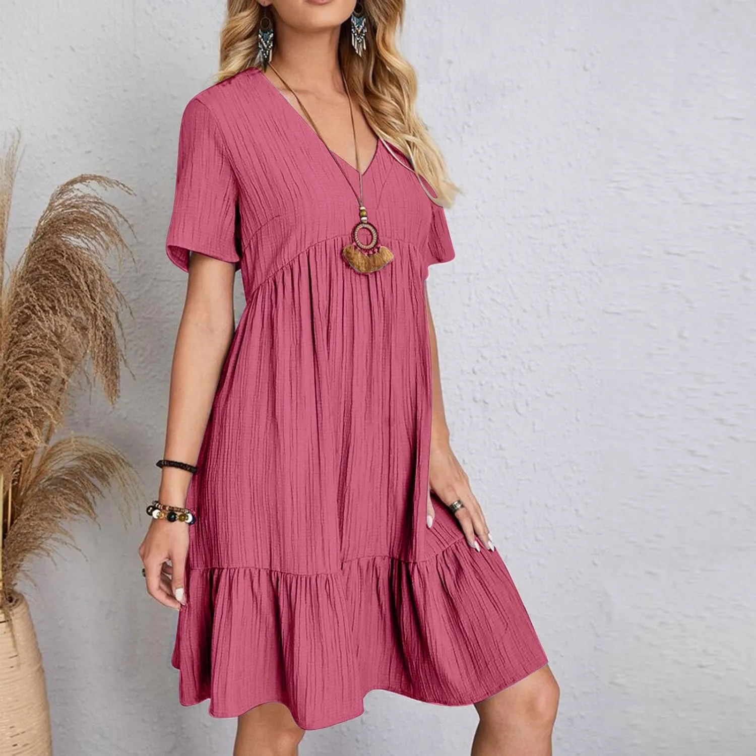 Dresses Women Summer 2025 Vacation Short Sleeve Mini Tshirt Dress Beach Smocked A Line Flutter Boho Sundress Outfit