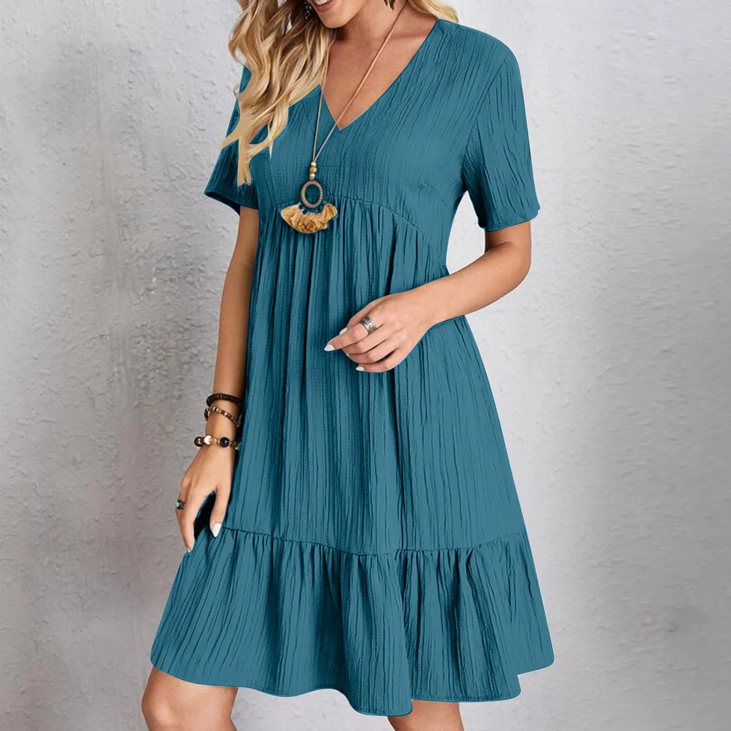 Dresses Women Summer 2025 Vacation Short Sleeve Mini Tshirt Dress Beach Smocked A Line Flutter Boho Sundress Outfit