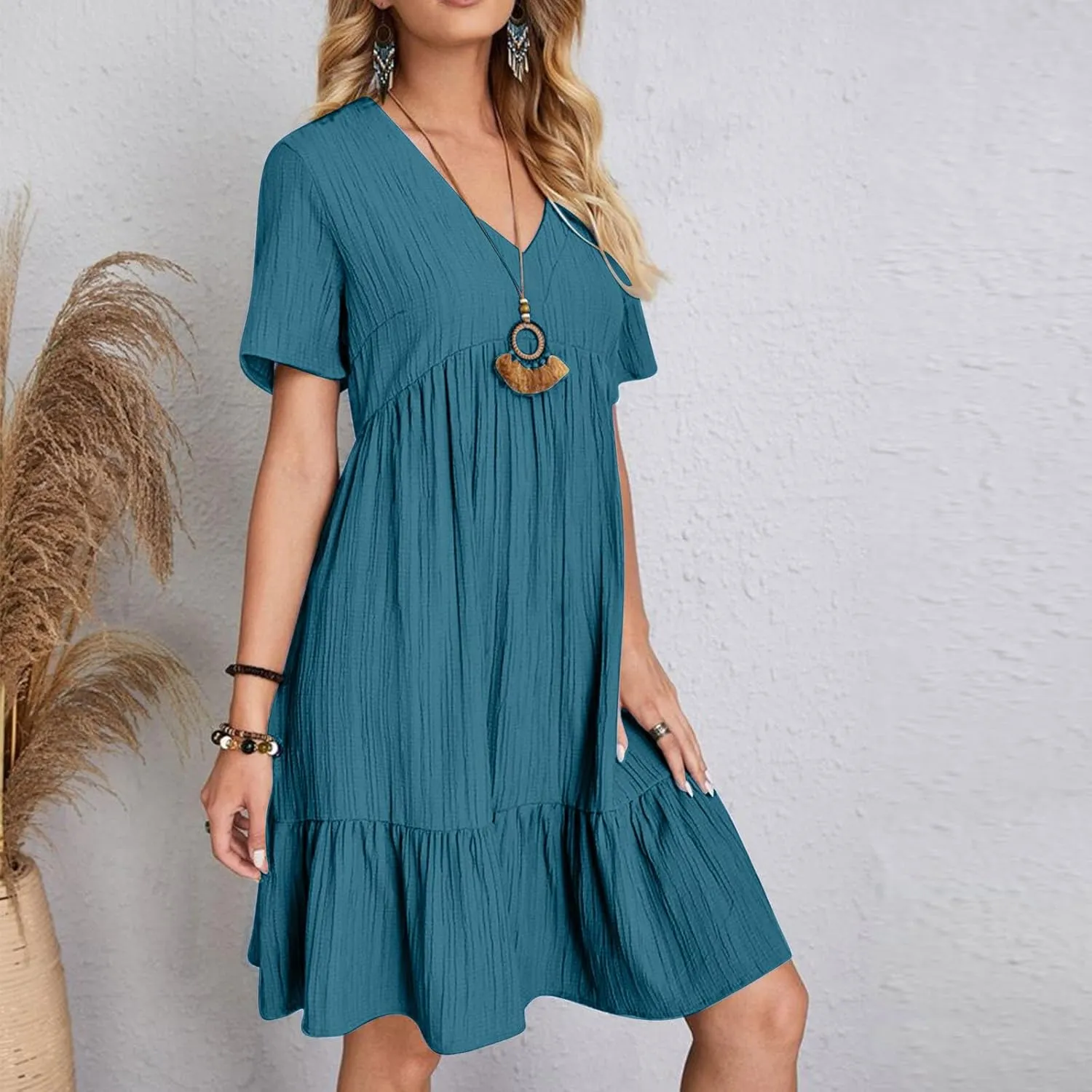 Dresses Women Summer 2025 Vacation Short Sleeve Mini Tshirt Dress Beach Smocked A Line Flutter Boho Sundress Outfit